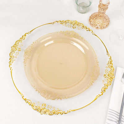 10-Pack Plastic Round Dinner Plates 10" Transparent Amber Gold with Gold Leaf Embossed Rim - Vintage Baroque Style Disposable Plates