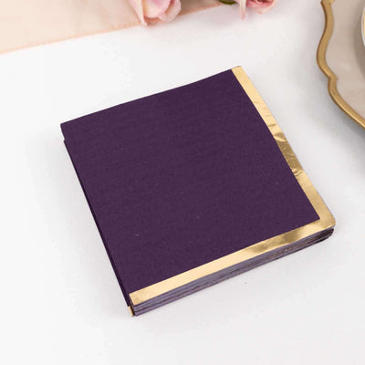 50-Pack Paper Beverage Napkins 2 Ply Purple with Gold Foil Edge 5"x5" - Soft Disposable Cocktail Napkins 18GSM
