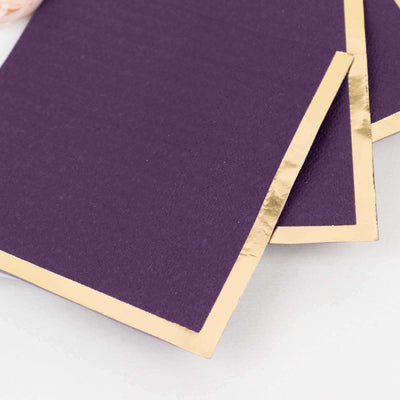 50-Pack Paper Beverage Napkins 2 Ply Purple with Gold Foil Edge 5"x5" - Soft Disposable Cocktail Napkins 18GSM
