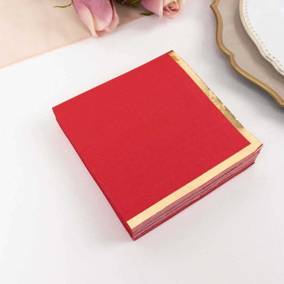 50-Pack Paper Beverage Napkins 2 Ply Red with Gold Foil Edge 5"x5" - Soft Disposable Cocktail Napkins 18GSM