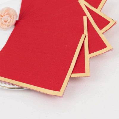 50-Pack Paper Beverage Napkins 2 Ply Red with Gold Foil Edge 5"x5" - Soft Disposable Cocktail Napkins 18GSM