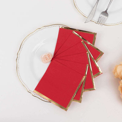 50-Pack Paper Beverage Napkins 2 Ply Red with Gold Foil Edge 5"x5" - Soft Disposable Cocktail Napkins 18GSM