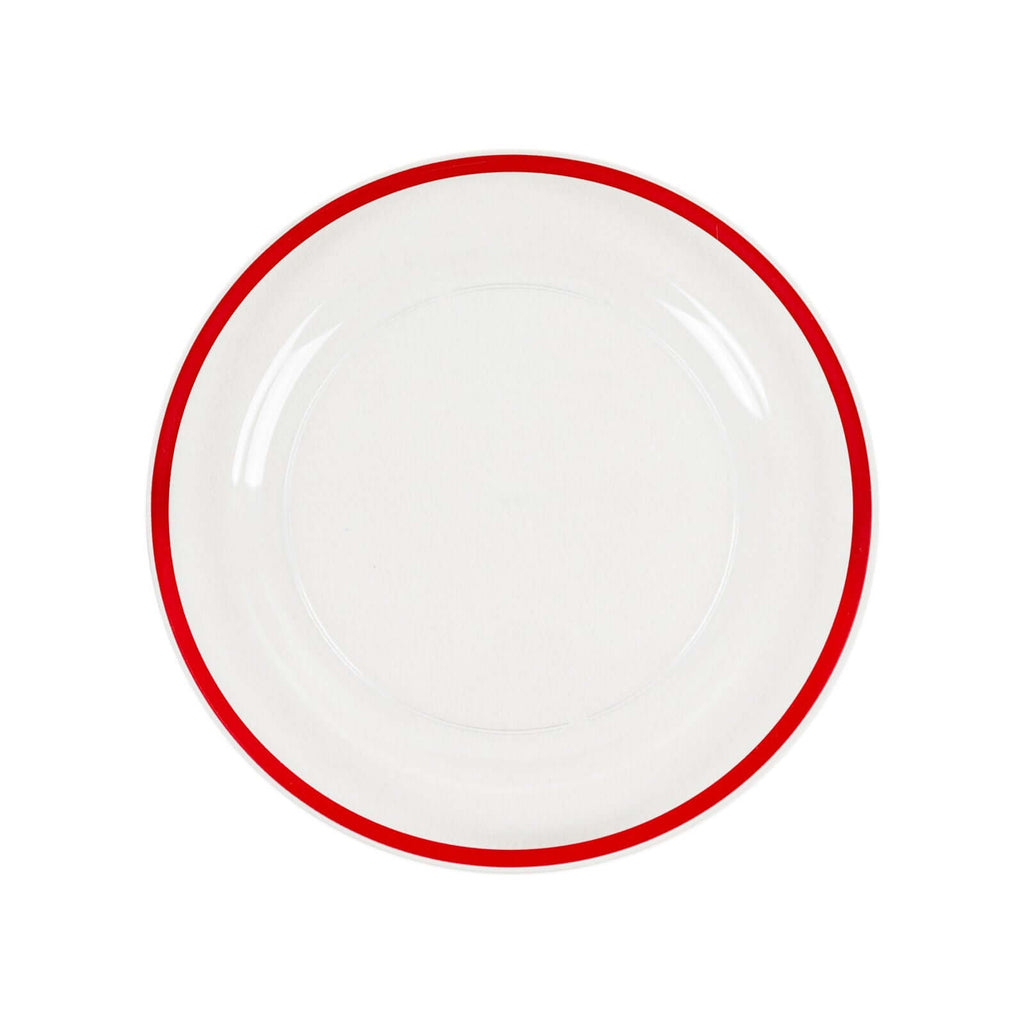 10 Pack Clear Regal Plastic Dinner Plates With Red Rim, Round Disposab