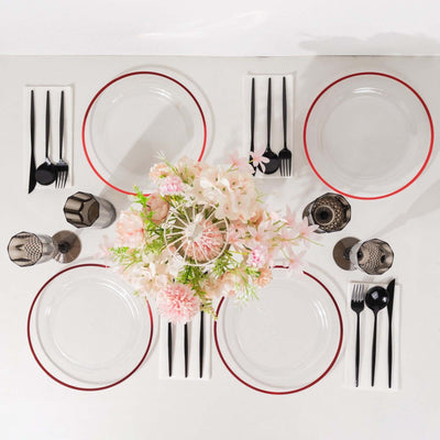 10-Pack Plastic Round Dinner Plates 10" Clear with Red Rim - Sleek Disposable Party Plates