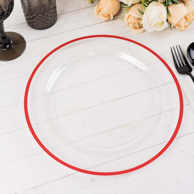 10-Pack Plastic Round Dinner Plates 10" Clear with Red Rim - Sleek Disposable Party Plates