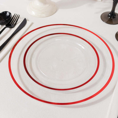 10-Pack Plastic Round Appetizer Plates 7" Clear with Red Rim - Classy Disposable Salad Plates