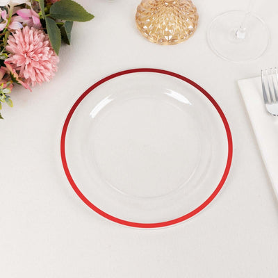 10-Pack Plastic Round Appetizer Plates 7" Clear with Red Rim - Classy Disposable Salad Plates