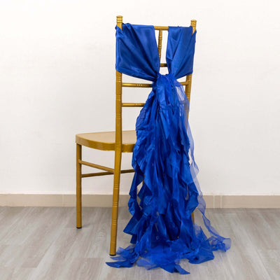 5 Pack Chiffon Satin Chair Sashes Royal Blue Curly Willow Style - Easy to Use Flowy Chair Bows