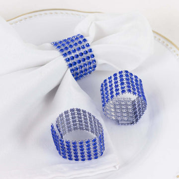 10 Pack Royal Blue Diamond Rhinestone Napkin Rings, Chair Sash Velcro Brooch Buckle