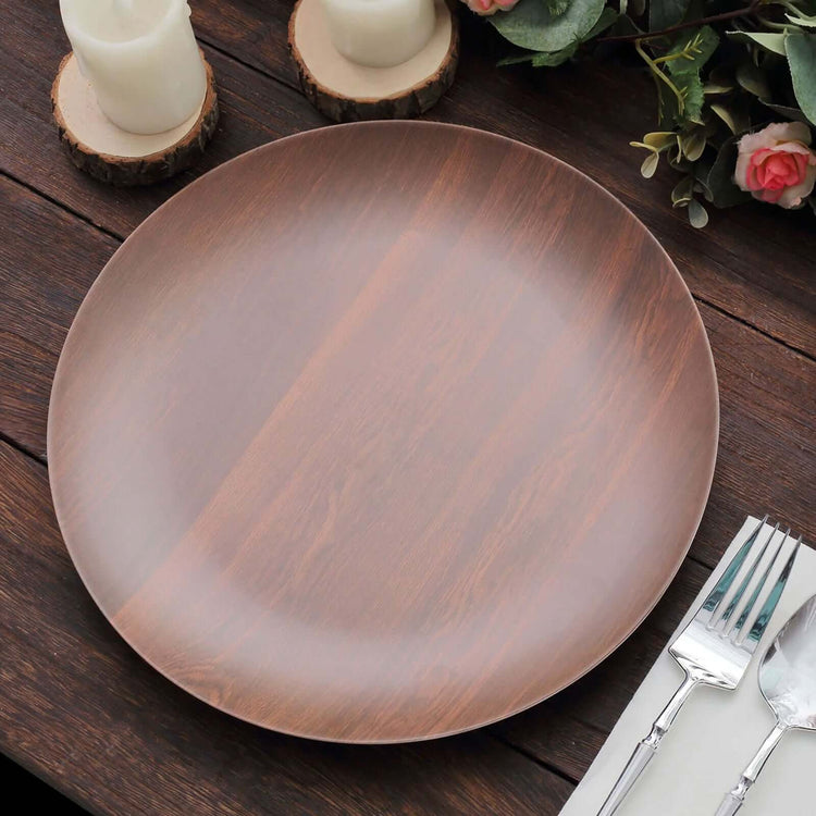 6 Pack | 10inch Rustic Brown Farmhouse Heavy Duty Melamine Party Plates, Round Wood Grain Print