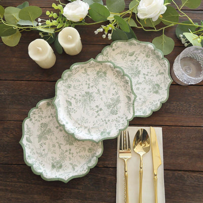 25-Pack Paper Round Dessert Plates 8" White with Sage Green French Toile Design & Scalloped Rim - 300GSM Disposable Salad Appetizer Plates for Chic Table Decor