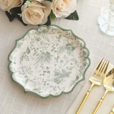 25-Pack Paper Round Dessert Plates 8" White with Sage Green French Toile Design & Scalloped Rim - 300GSM Disposable Salad Appetizer Plates for Chic Table Decor