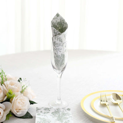 20-Pack Paper Dinner Napkins 2 Ply White/Sage Green with French Toile Pattern - Soft and Absorbent Disposable Napkins