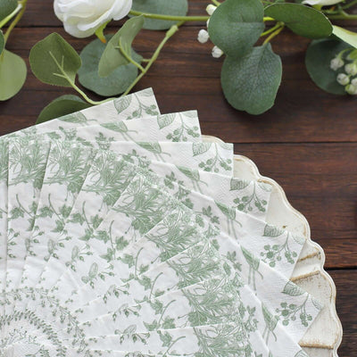 20-Pack Paper Cocktail Napkins 2 Ply White/Sage Green with French Toile Print 6.5"x6.5" - Soft and Absorbent Disposable Napkins