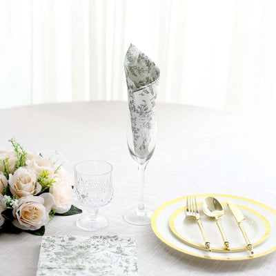 20-Pack Paper Cocktail Napkins 2 Ply White/Sage Green with French Toile Print 6.5"x6.5" - Soft and Absorbent Disposable Napkins