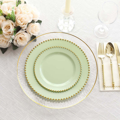 10 Pack Plastic Dessert Appetizer Plates in Sage Green with Gold Beaded Rim, Disposable Round Salad Party Plates 8"