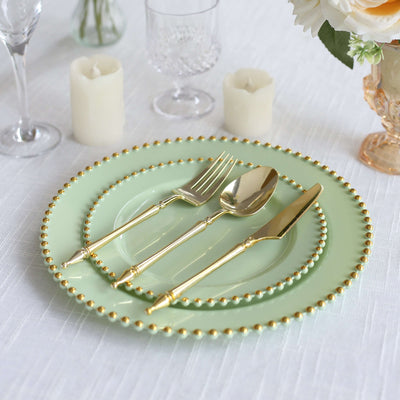 10 Pack Plastic Dessert Appetizer Plates in Sage Green with Gold Beaded Rim, Disposable Round Salad Party Plates 8"