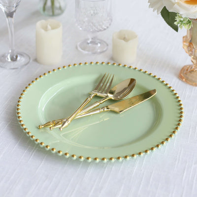10-Pack Plastic Round Dinner Plates 10" Sage Green with Gold Beaded Rim - Disposable Party Plates