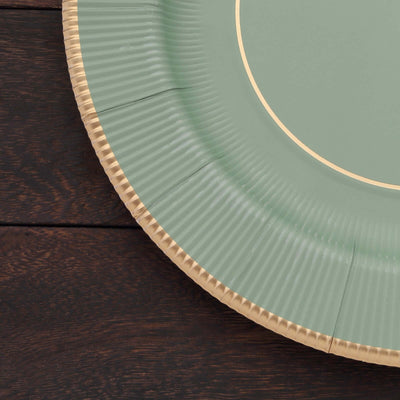 25-Pack Disposable Round Charger Plates 13" Sage Green Sunray Design with Gold Rim - 350GSM Heavy Duty Paper Placemats