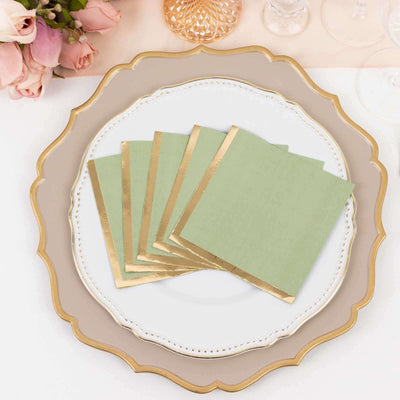50-Pack Paper Beverage Napkins 2 Ply Sage Green with Gold Foil Edge 5"x5" - Soft Disposable Cocktail Napkins 18GSM