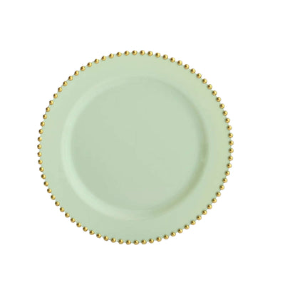 10 Pack Plastic Dessert Appetizer Plates in Sage Green with Gold Beaded Rim, Disposable Round Salad Party Plates 8"