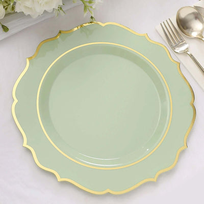 10-Pack Plastic Round Dinner Plates 10" Sage Green with Gold Scalloped Rim - Disposable Party Plates