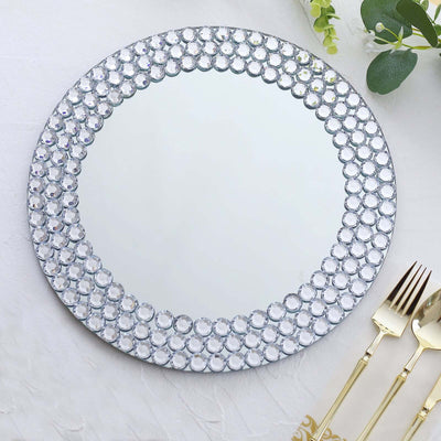 2-Pack Mirror Glass Charger Plates 13", Round Silver Mirror Diamond Beaded Rim - Upscale Decorative Chargers