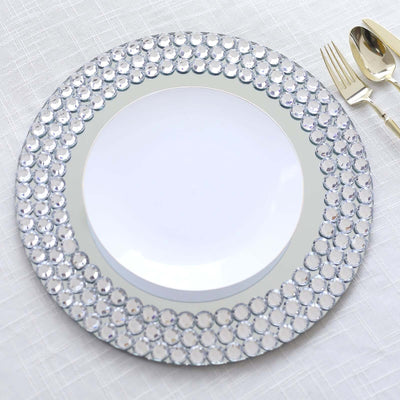 2-Pack Mirror Glass Charger Plates 13", Round Silver Mirror Diamond Beaded Rim - Upscale Decorative Chargers