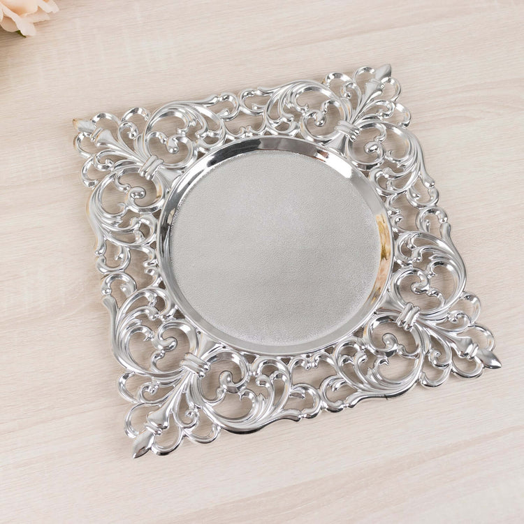 6 Pack Silver Square Acrylic Charger Plates with Hollow Lace Border