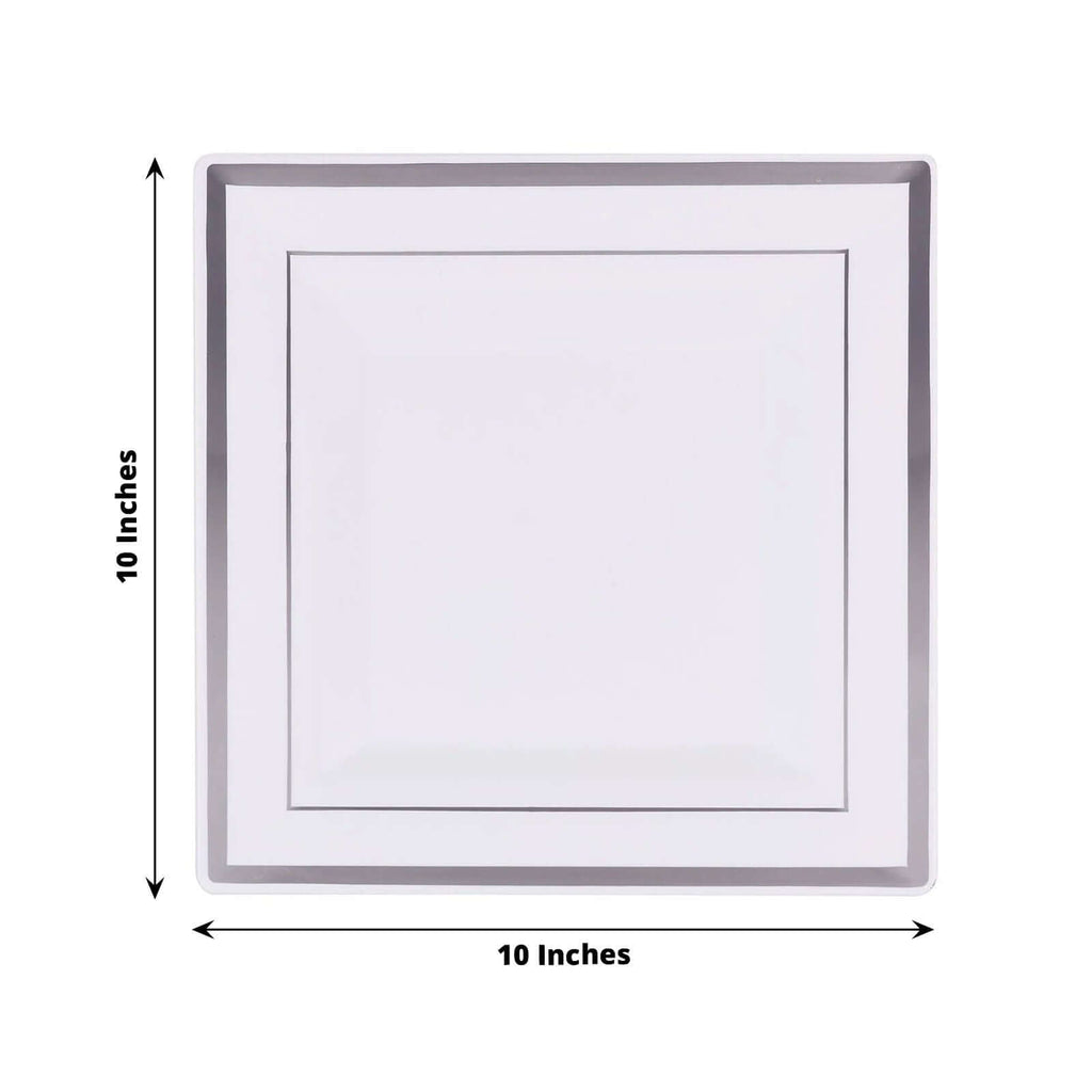 10-Pack Silver Trim White Square Plates | eFavormart.com