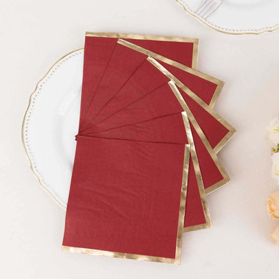 50-Pack Paper Beverage Napkins 2 Ply Burgundy with Gold Foil Edge 6.5"x6.5" - Soft Disposable Cocktail Napkins
