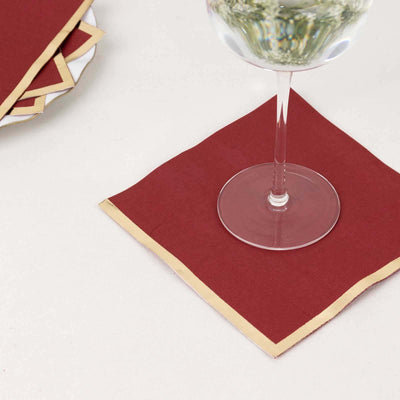 50-Pack Paper Beverage Napkins 2 Ply Burgundy with Gold Foil Edge 6.5"x6.5" - Soft Disposable Cocktail Napkins