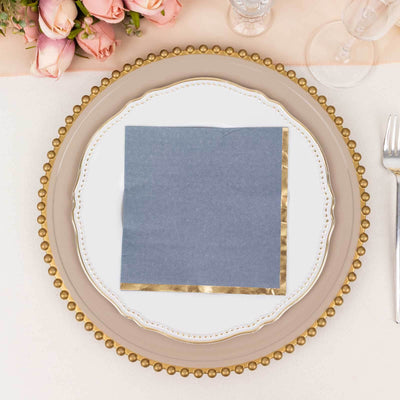 50-Pack Paper Beverage Napkins 2 Ply Dusty Blue with Gold Foil Edge 6.5"x6.5" - Soft Disposable Cocktail Napkins