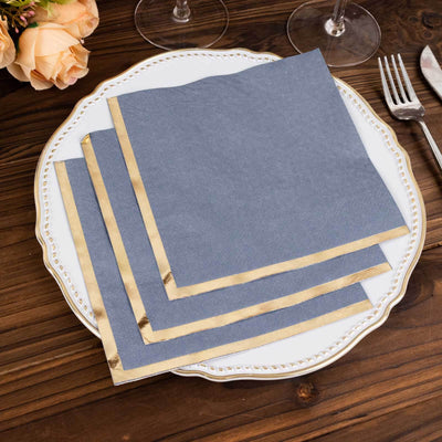 50-Pack Paper Beverage Napkins 2 Ply Dusty Blue with Gold Foil Edge 6.5"x6.5" - Soft Disposable Cocktail Napkins
