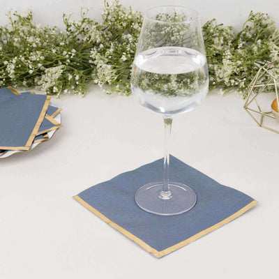 50-Pack Paper Beverage Napkins 2 Ply Dusty Blue with Gold Foil Edge 6.5"x6.5" - Soft Disposable Cocktail Napkins