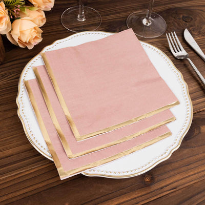 50-Pack Paper Beverage Napkins 2 Ply Dusty Rose with Gold Foil Edge 6.5"x6.5" - Soft Disposable Cocktail Napkins