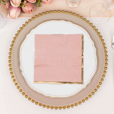 50-Pack Paper Beverage Napkins 2 Ply Dusty Rose with Gold Foil Edge 6.5"x6.5" - Soft Disposable Cocktail Napkins