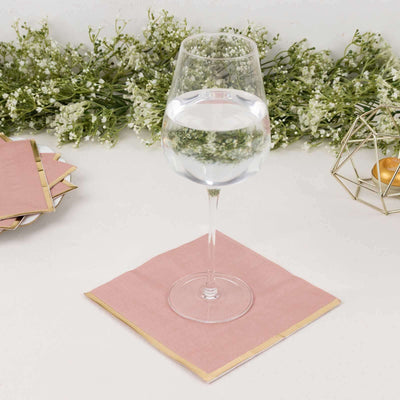 50-Pack Paper Beverage Napkins 2 Ply Dusty Rose with Gold Foil Edge 6.5"x6.5" - Soft Disposable Cocktail Napkins