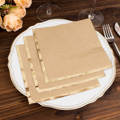 50-Pack Paper Beverage Napkins 2 Ply Natural with Gold Foil Edge 6.5"x6.5" - Soft Disposable Cocktail Napkins