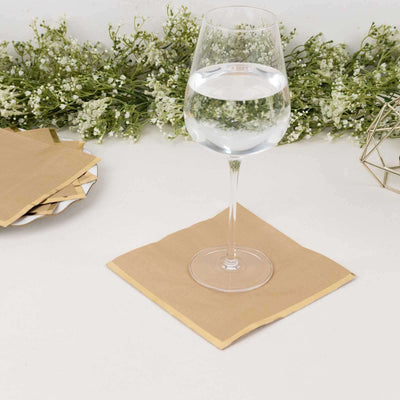 50-Pack Paper Beverage Napkins 2 Ply Natural with Gold Foil Edge 6.5"x6.5" - Soft Disposable Cocktail Napkins