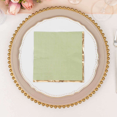50-Pack Paper Beverage Napkins 2 Ply Sage Green with Gold Foil Edge 6.5"x6.5" - Soft Disposable Cocktail Napkins