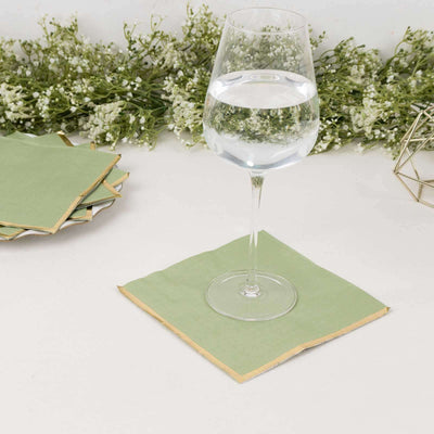50-Pack Paper Beverage Napkins 2 Ply Sage Green with Gold Foil Edge 6.5"x6.5" - Soft Disposable Cocktail Napkins