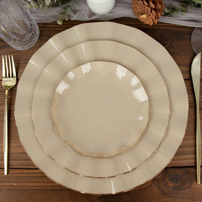 10-Pack Plastic Round Dessert Plates 6" Taupe Ruffled Rim with Gold Edging - Heavy Duty Disposable Salad Appetizer Dinnerware