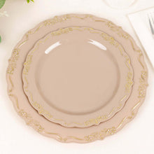 10 Pack | 7inch Taupe With Gold Vintage Rim Hard Plastic Dessert Plates With Embossed Scalloped