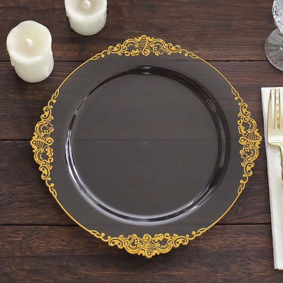 10-Pack Plastic Round Dinner Plates 10" Transparent Black with Gold Leaf Embossed Rim - Vintage Baroque Style Disposable Plates