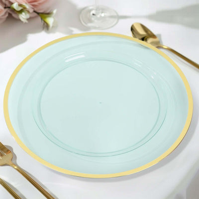 10-Pack Economy Plastic Charger Plates 12" Round Transparent Blue with Wide Gold Rim - Dinner Party Serving Plates