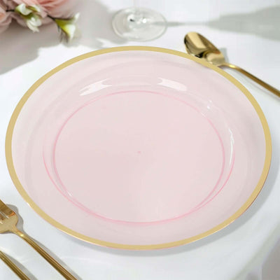 10-Pack Economy Plastic Charger Plates 12" Round Transparent Blush with Wide Gold Rim - Dinner Party Serving Plates