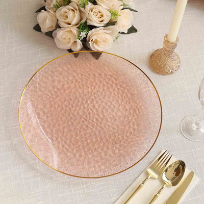 10 Pack Economy Plastic Charger Plates 13" Round Transparent Blush Hammered Design with Gold Rim - Decorative Dinner Party Serving Plates