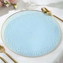 10 Pack Transparent Dusty Blue Hammered Economy Plastic Charger Plates With Gold Rim