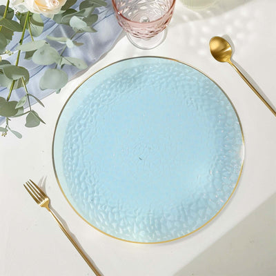 10 Pack Economy Plastic Charger Plates 13" Round Transparent Dusty Blue Hammered Design with Gold Rim - Decorative Dinner Party Serving Plates
